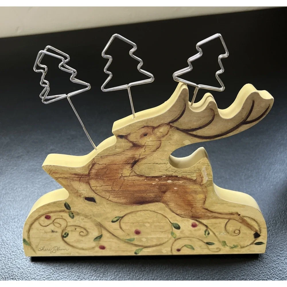Vintage Cheri Blum Photo Clip Reindeer Holiday Christmas Wood Tabletop Stand